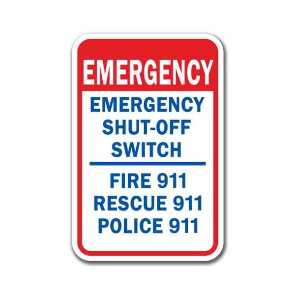 Safety Sign, 12 in Height, Aluminum, 18 in Length, 911 - Emergency Shut-O